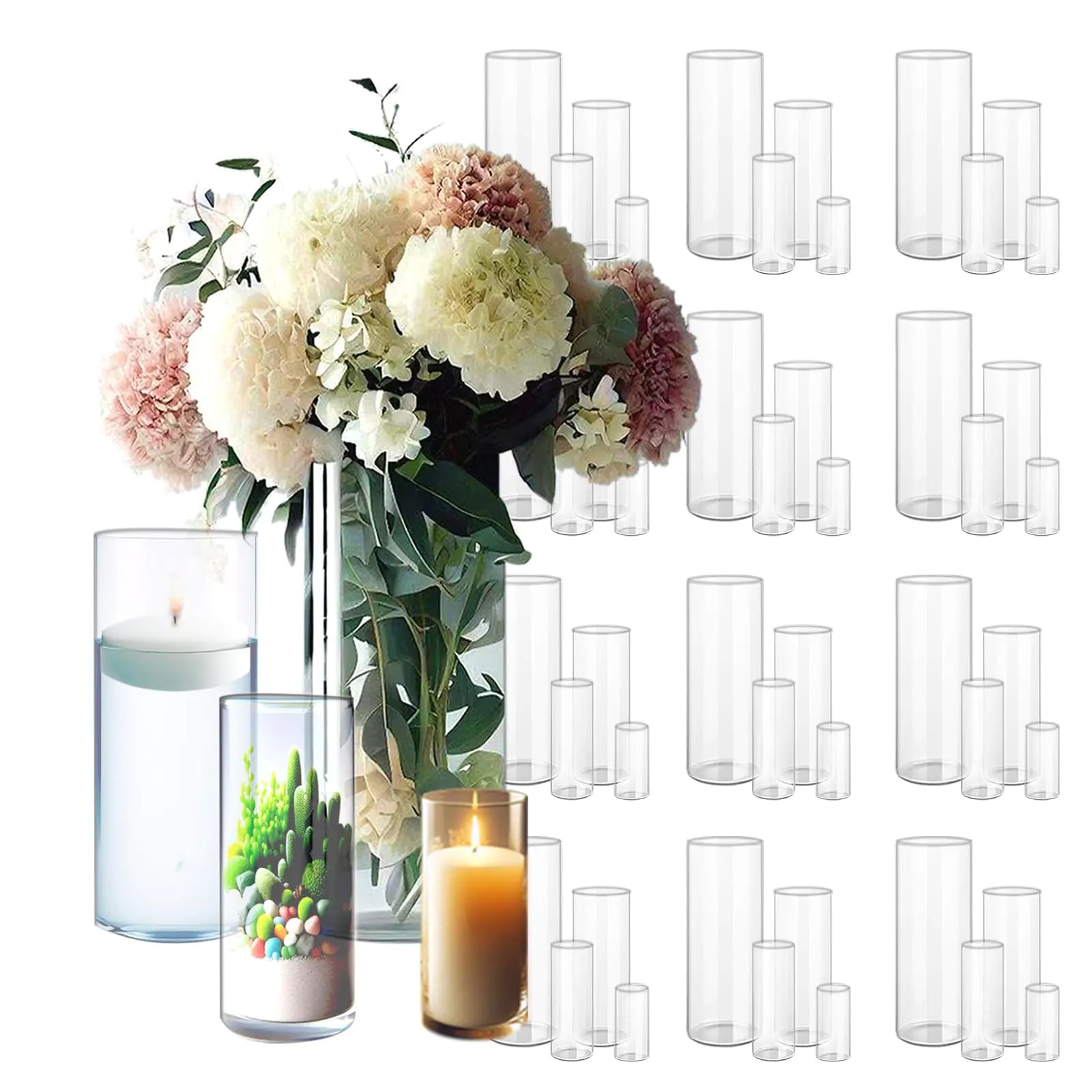 Sandraheer 48 Pack Clear Glass Cylinder Vases for Centerpieces - Different Sizes Floating Candle Vases Holder -4" 6" 8"10" Hight Perfect for Weddings and Events