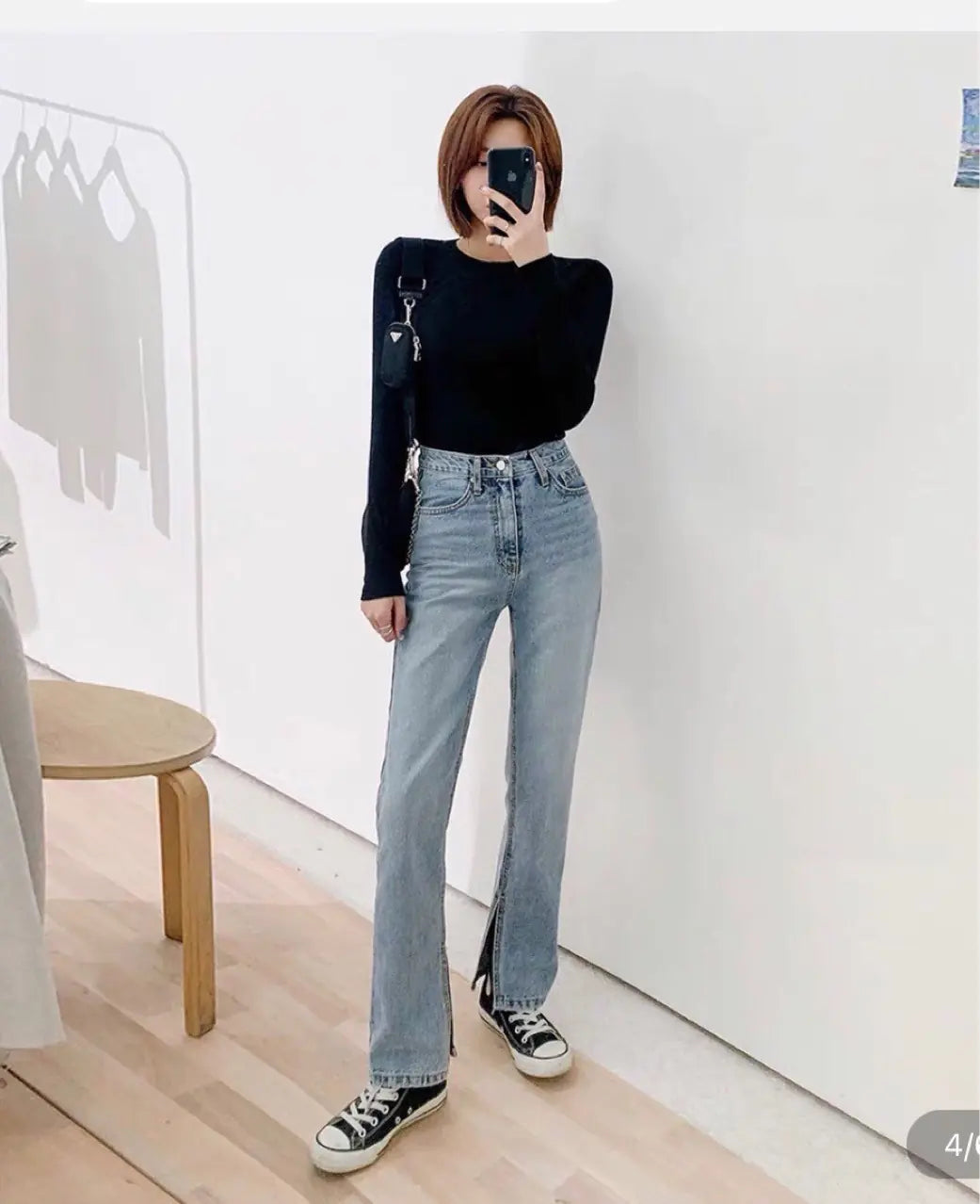 Ladies High Rise Straight Leg Jeans with Side Slit Outlet Store